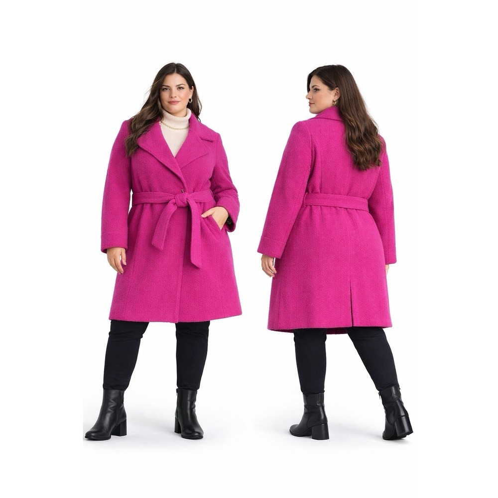 Merona Bright Pink Belted Wool Blend Coat Womens XXL Long Coa‎